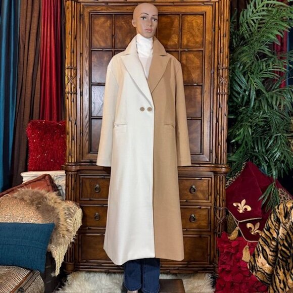 Steve Madden Camel Ivory Colorblock Two Button Maxi Coat - Picture 6 of 13